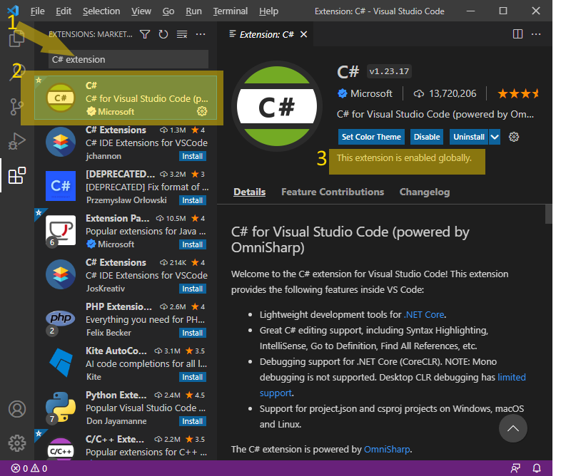 Instal C# extension to Visual Studio Code